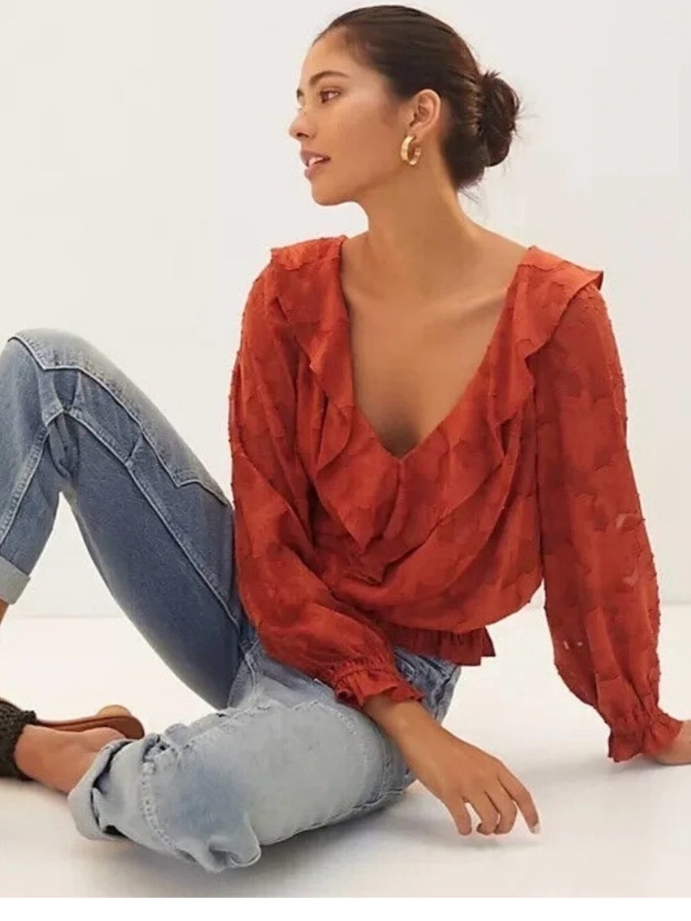Anthropologie textured Ruffle V-Neck Blouse size small